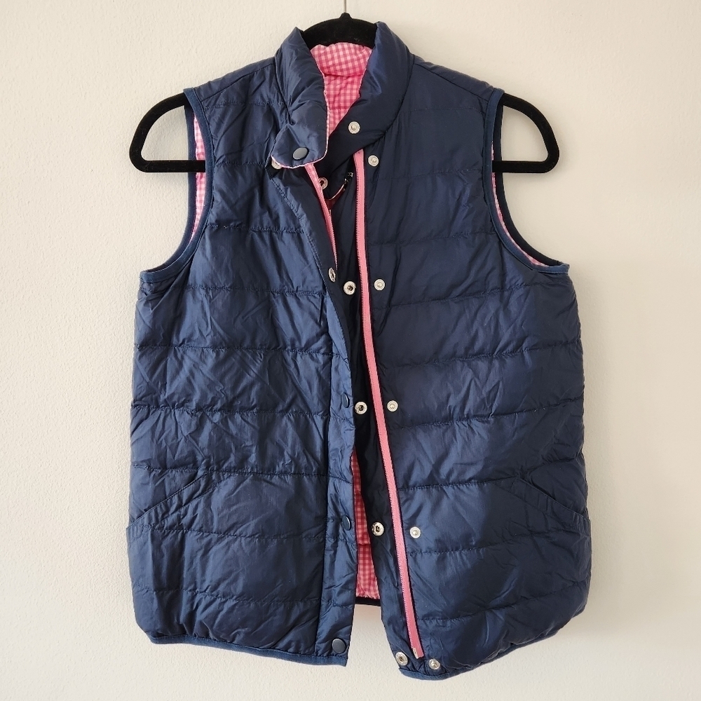 J. McLaughlin Reversible Down Puffer Vest, navy blue and pink gingham, sz small